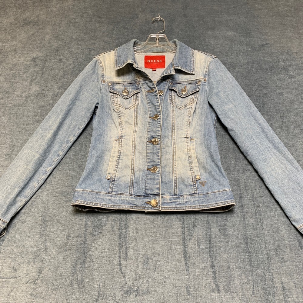 Guess Los Angeles Trucker Jacket Womens XS Blue Denim Light Wash Button Front